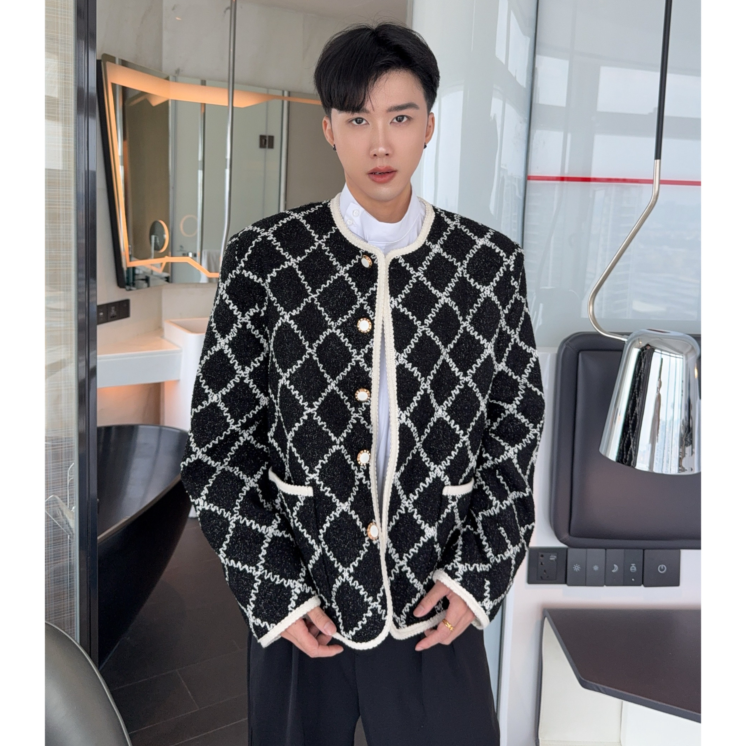 大富轻奢撞色细闪菱格小香风外套男2025秋冬宽松时髦贵气无领夹克,男装,夹克,淘宝优惠券,粉丝福利购,淘宝优惠卷