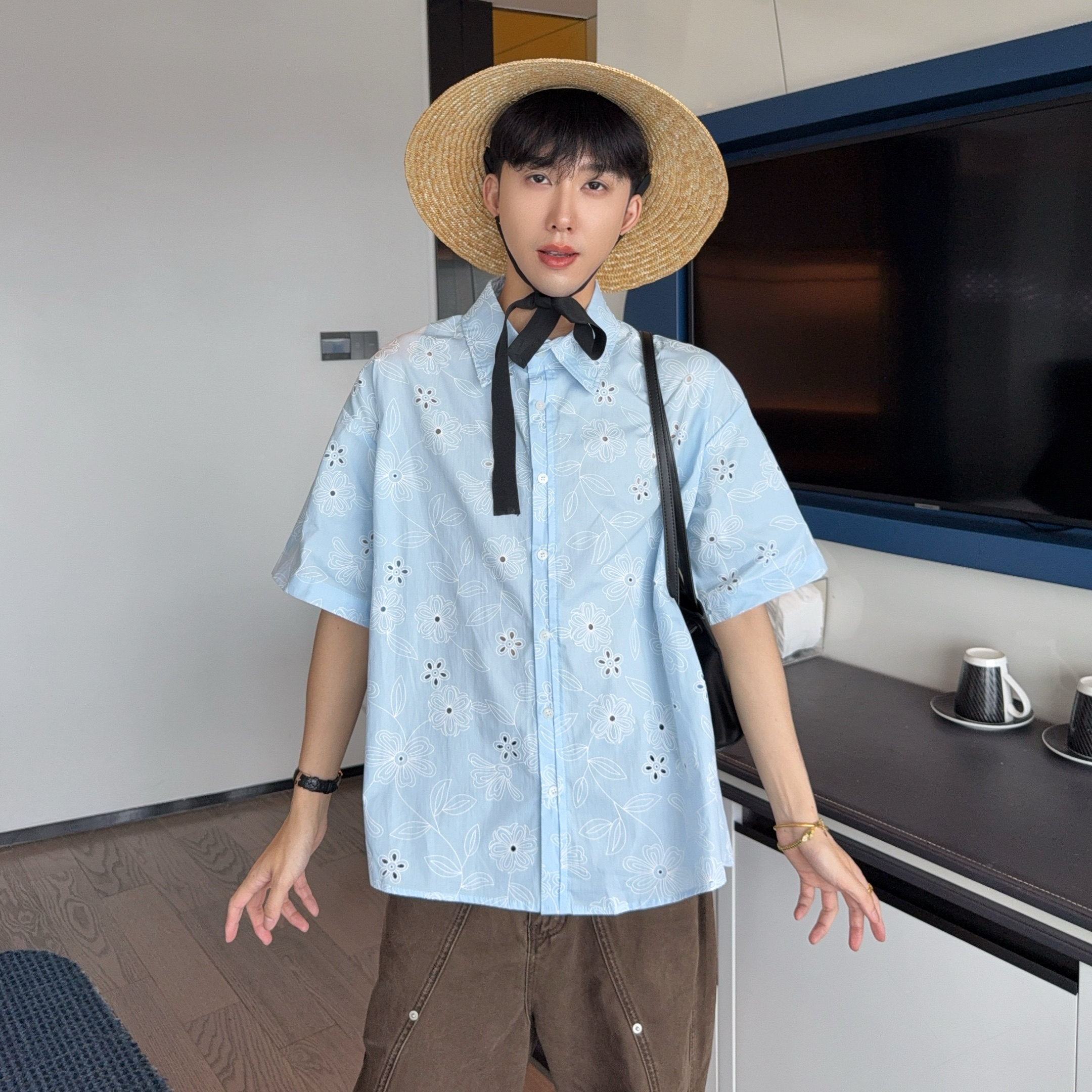 陈大富浅蓝色花卉提花镂空短袖衬衫男夏季韩版设计感宽松度假上衣