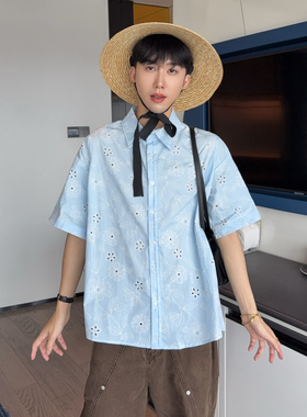 陈大富浅蓝色花卉提花镂空短袖衬衫男夏季韩版设计感宽松度假上衣
