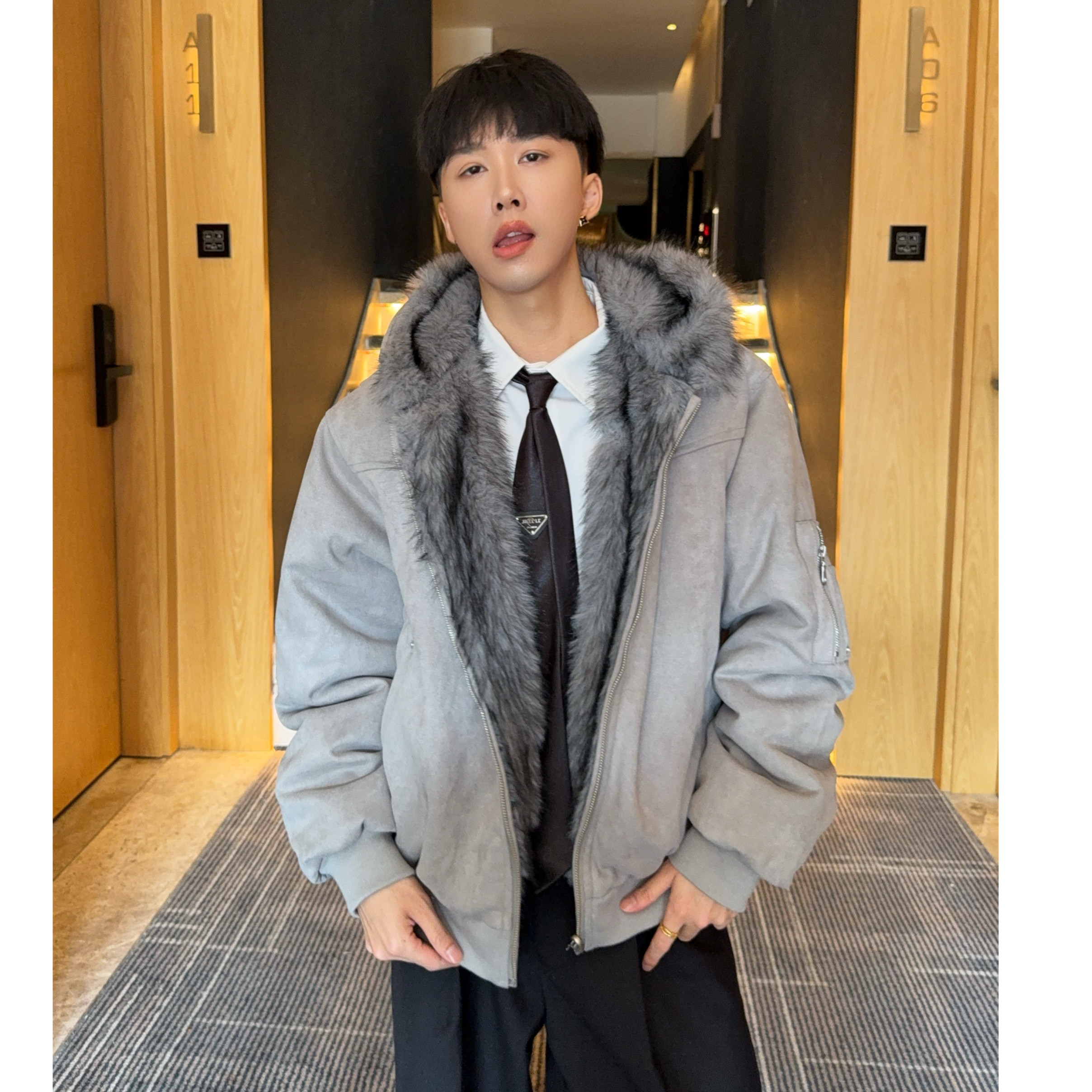 大富座山雕麂皮绒两面穿棉服外套男2025冬季宽松加厚保暖连帽夹克