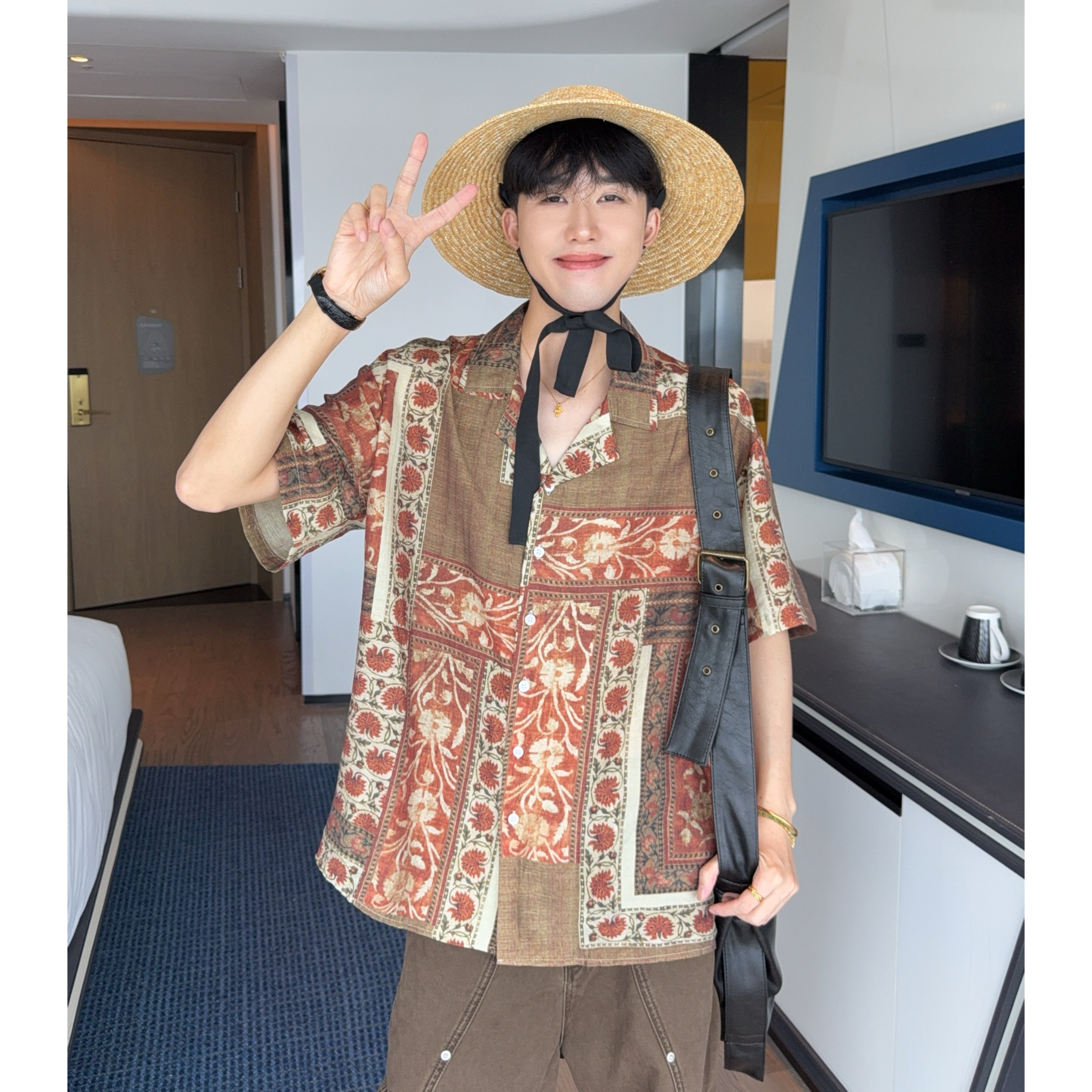 大富民族风腰果花天丝亚麻短袖衬衫男夏日宽松古巴领凉感花卉衬衣