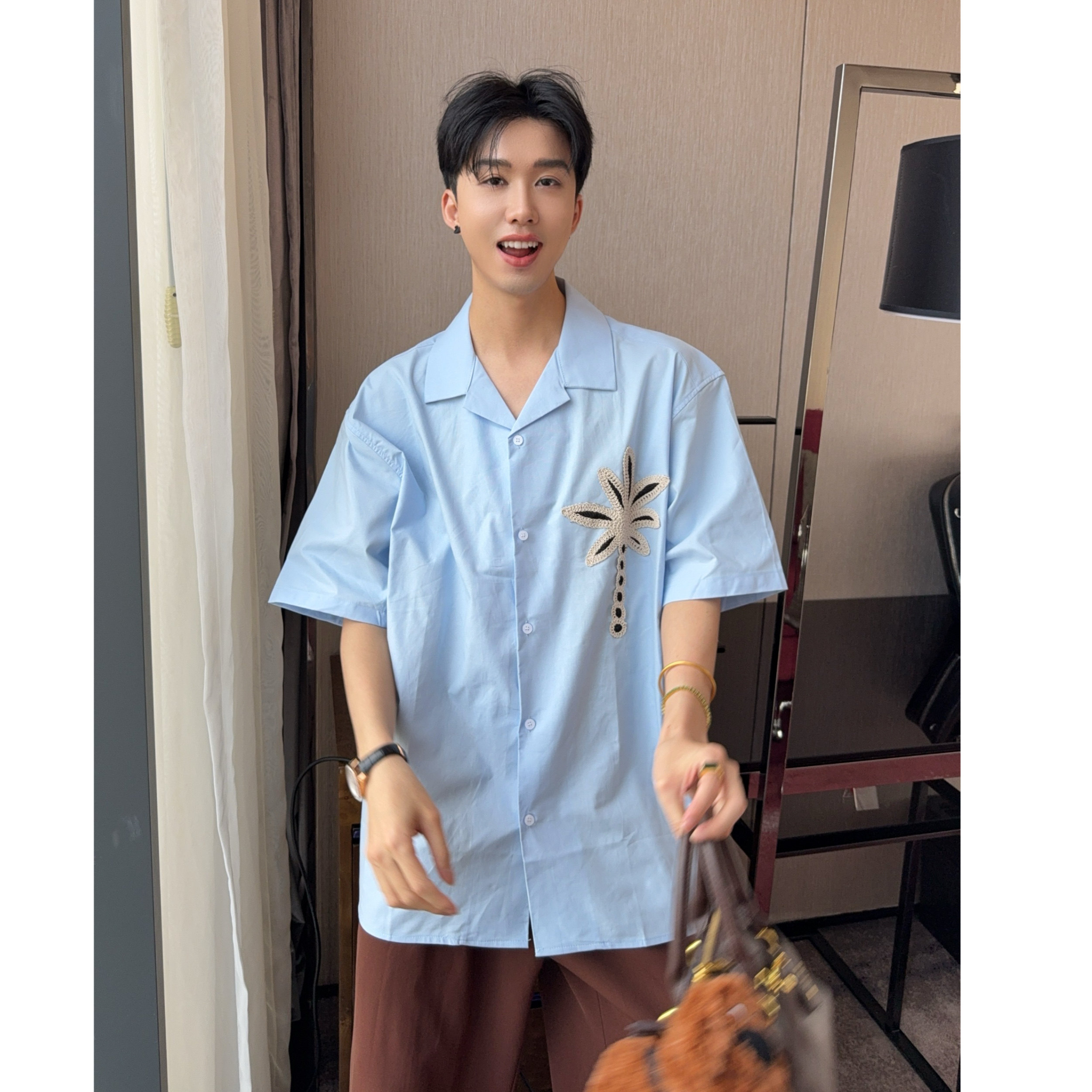 大富古巴领毛线刺绣花朵短袖衬衫男士2025夏天高级感宽松质感衬衣