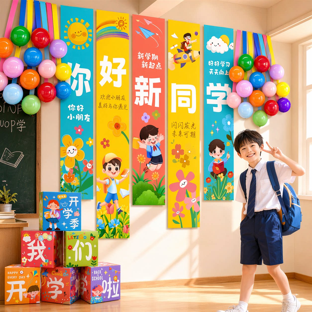 开学季教室班级装饰挂布气球拍照