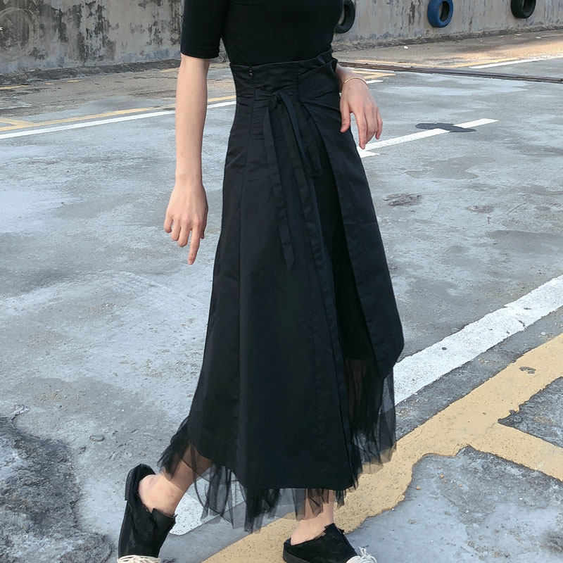 kichiko不规则纱裙子女半身裙网纱绑带开叉仙气篷篷裙高腰a字裙