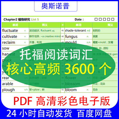 托福阅读核心高频词汇3600个PDF高清彩色电子版精品文档&中英互译