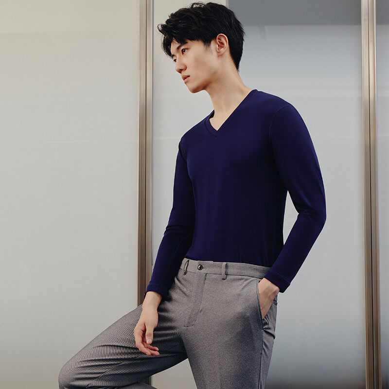 봄과 가을 순면 얇은 긴팔 라운드 넥 브이 넥 청소년면 이너웨어 바닥 속옷 싱글 탑 남성용 정리 가을 옷