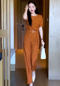 欧货设计感遮肩气质时尚套装女2023夏季新品遮肉显瘦阔腿裤两件套