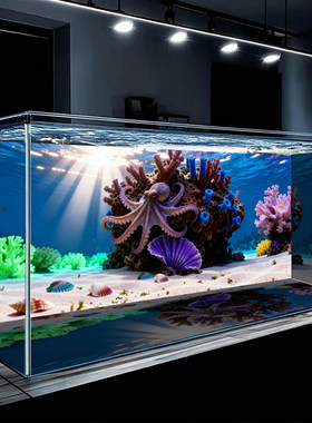 新款八爪章鱼鱼缸背景画贴纸高清水族箱装饰造景粘贴壁画内外纸贴