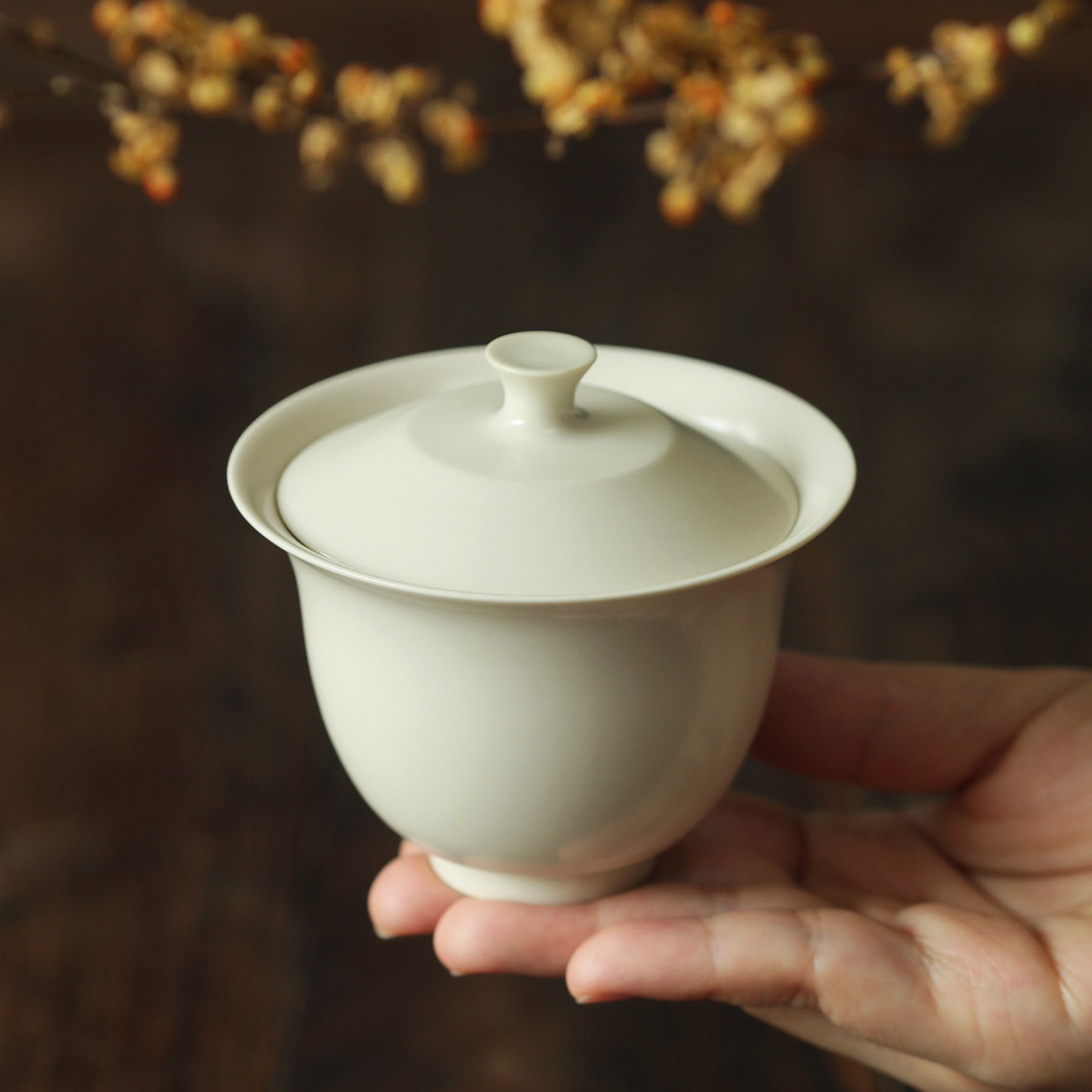 挑tea/间闲堂盖碗米白草木灰釉景德镇陶瓷功夫茶具单个功夫盖碗杯