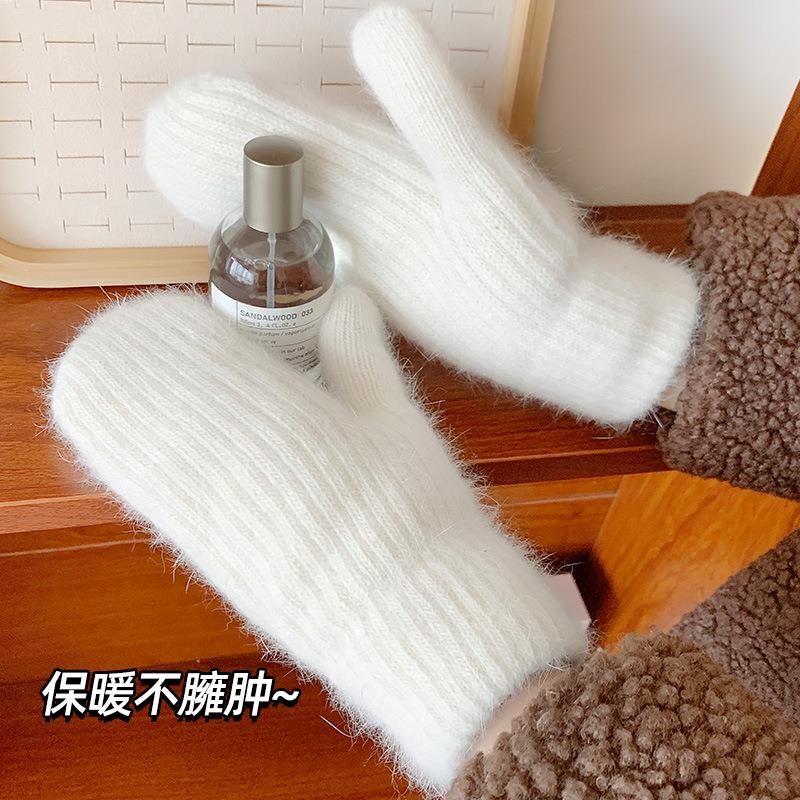 毛绒连指手套女士冬季可爱加绒加厚兔毛保暖毛茸茸学生骑行防寒冻