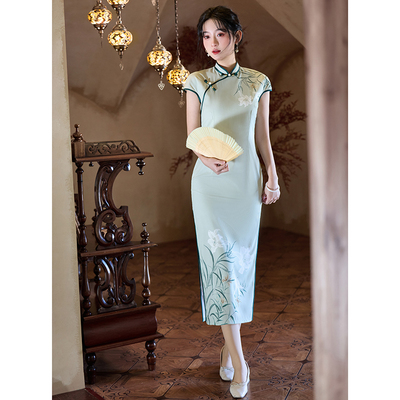 老上海新中式旗袍2025年夏季新款少女复古蓝色长款日常可穿连衣裙