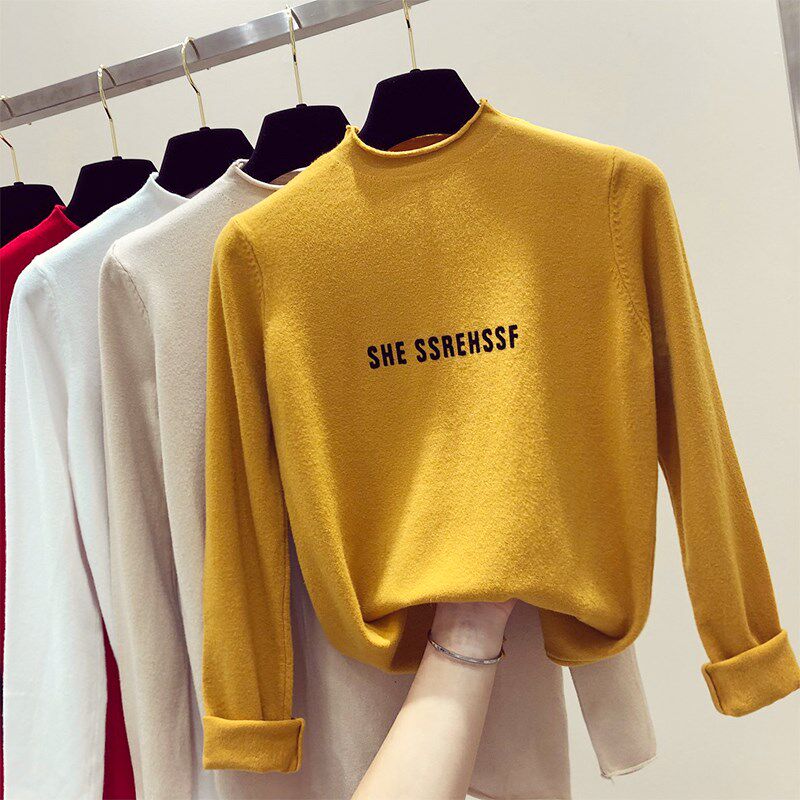 2018秋装新款韩版修身字母印花半高领针织衫女长袖套头打底衫上衣在类目 女装/女士精品, 毛针织衫中 - 来自Buy2taobao.com提供专业的淘宝代购服务