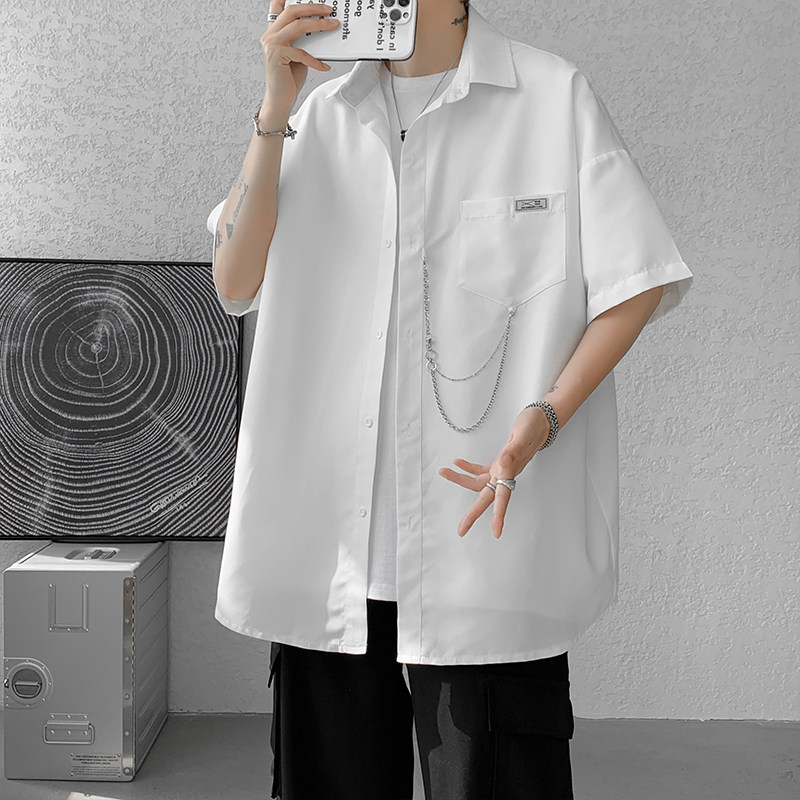2025新款工装衬衫男冰丝链条潮牌ins宽松短袖情侣衬衣CS03P35,男装T恤,星座417-3