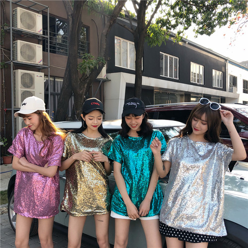 亮片短袖街头常规涤纶女