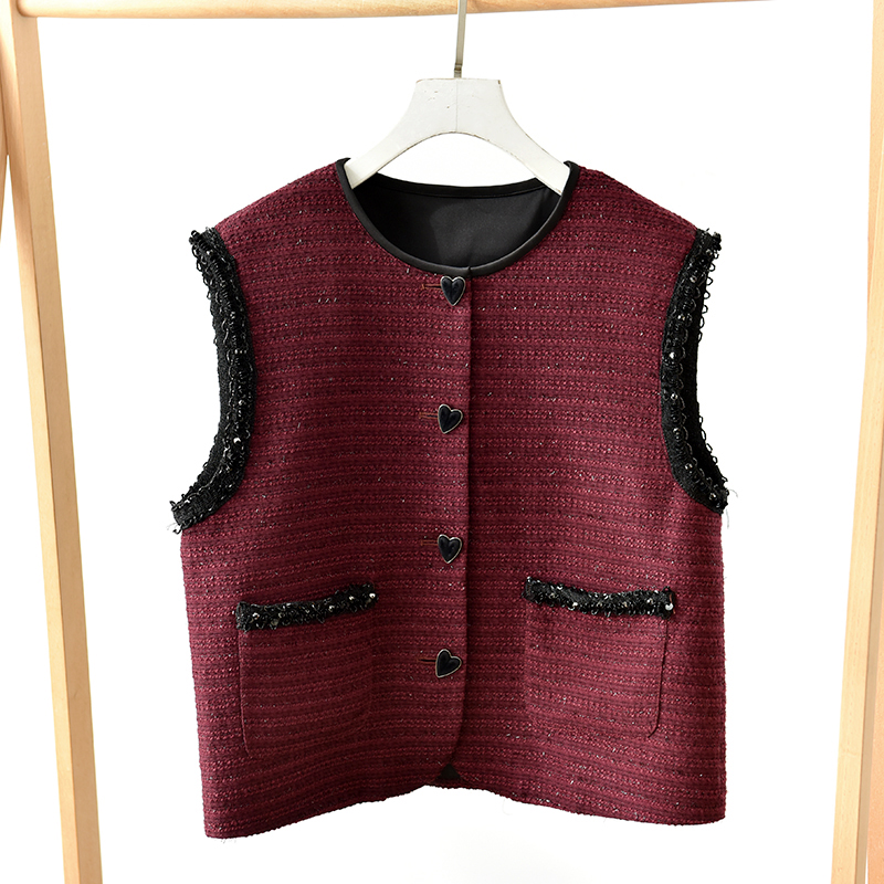 小香风粗花呢马甲女圆领纽扣无袖背心蕾丝边口袋   莉2606  D6-2