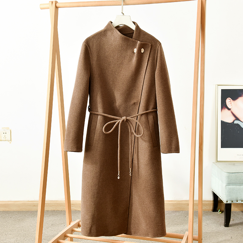 轻熟简约风双面呢大衣女中长款收腰系带外套  莉2481   E1-4