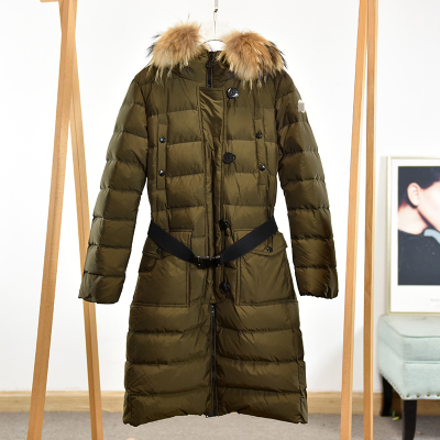 大毛领收腰羽绒服女中长款修身军绿色防风外套  莉2491  E6-2