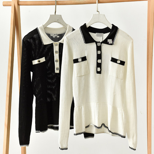 翻领撞色镂空长袖舒适百搭通勤针织衫  莉2751   C2-3