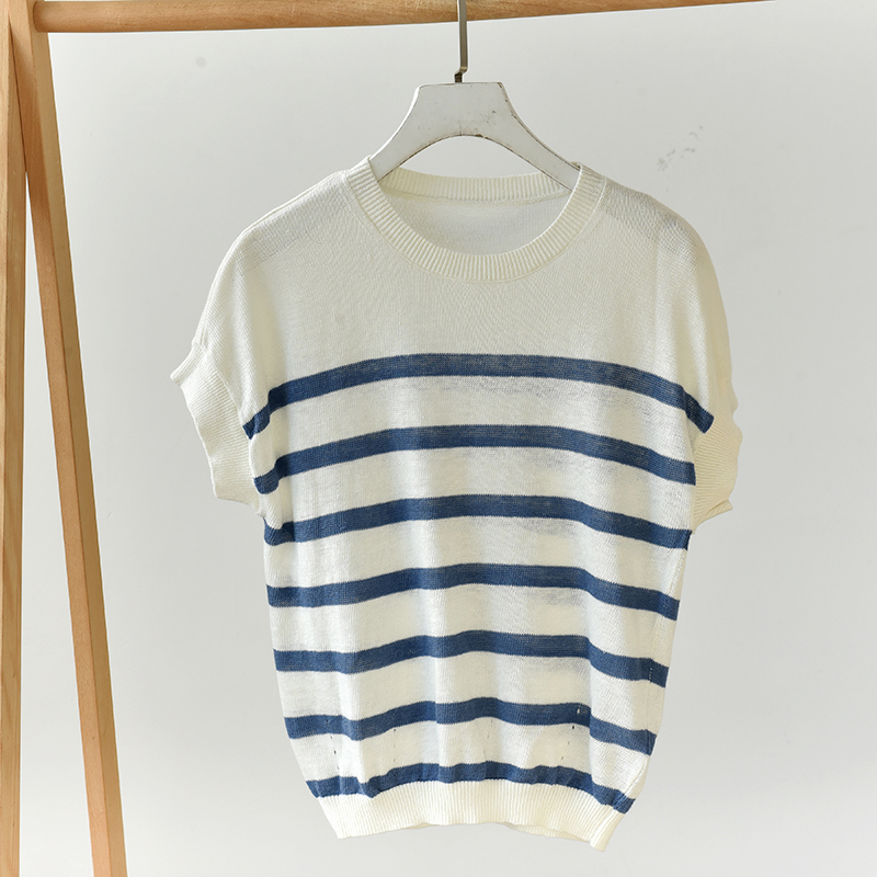 条纹针织衫女短袖圆领显瘦气质上衣夏季新款针织衫  莉2693  A3-2