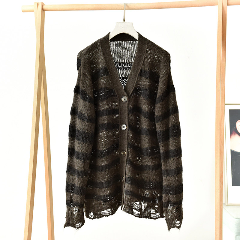 慵懒风条纹破洞针织开衫V领系扣毛衣外套百搭  莉3051  D3-4,女装/女士精品,毛针织衫,淘宝优惠券,粉丝福利购,淘宝优惠卷