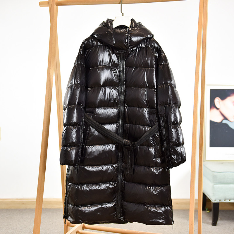 黑色连帽长款羽绒服女收腰腰带保暖加厚显瘦外套  莉2487  D4-3