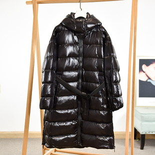 黑色连帽长款羽绒服女收腰腰带保暖加厚显瘦外套 莉2487 D4-3