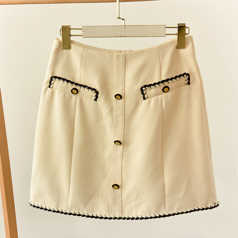 小香风粗花呢半身裙女高腰显瘦金扣装饰A字短裙  莉2790 C1-3