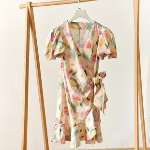 洋气晕染短袖 系带收腰裙印花裙霞0444