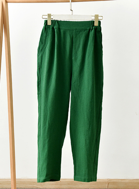 简约休闲风高腰直筒裤女绿色宽松显瘦百搭舒适长裤  莉2729  Y2-2