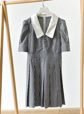 千鸟格格子细褶裙格子细褶裙短袖连衣裙翻领连衣裙AC542 B2-4