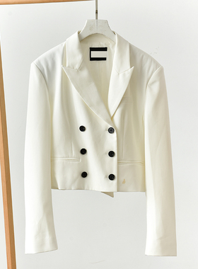 学院风白色短款西装外套女双排扣百搭小众设计感西服 莉2593 B4-3