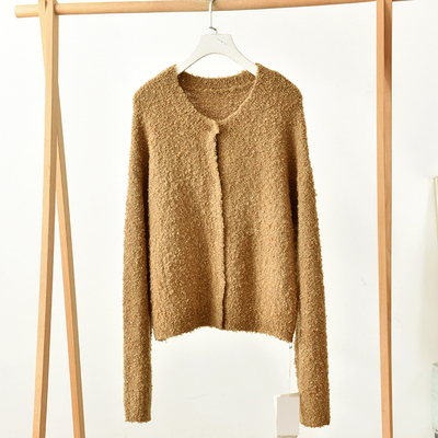 温柔慵懒风圆领长袖针织开衫卡其色百搭毛衣外套  莉3181  G6-2
