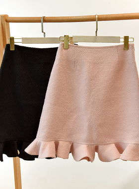 秋冬款木耳边拼接款毛呢半身裙   莉2335   E1-4