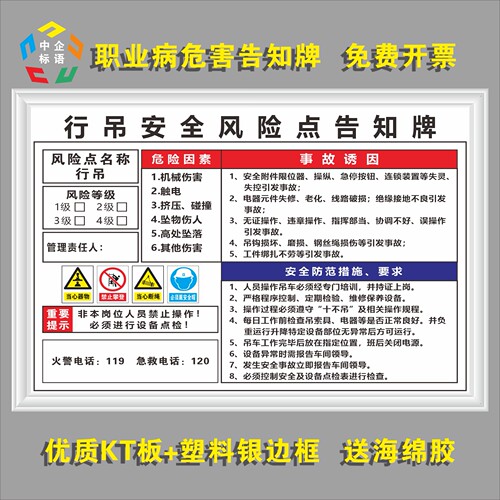行吊安全风险点告知牌卡车装升降加工厂车间KT看板上墙标语制度