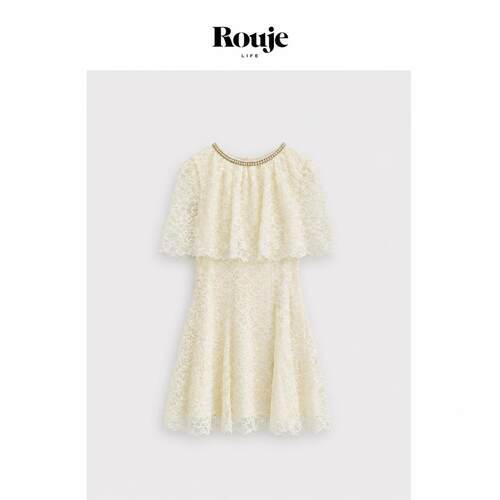 【现货】Rouje Life夏季法式甜美温柔风钉珠斗篷蕾丝连衣裙