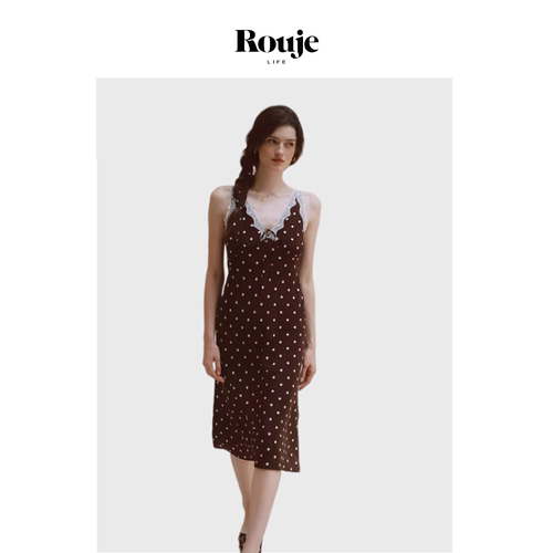 【现货】Rouje Life真丝波点V领无袖蕾丝花边中长裙法式复古度假