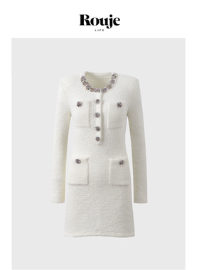 【现货】Rouje Life小众象牙白彩色钻饰高级小香风长袖针织连衣裙