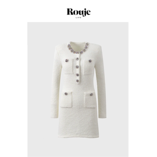 Life小众象牙白彩色钻饰高级小香风长袖 Rouje 针织连衣裙 现货