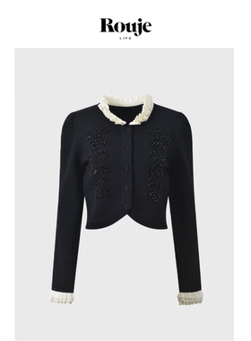 【现货】Rouje Life设计感重工钉珠花边领长袖针织开衫上衣女外套