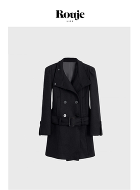 【现货】Rouje Life ranran同款黑色修身毛呢外套加厚呢子大衣女