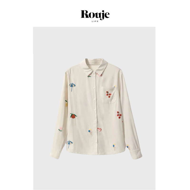 【现货】Rouje Life Savi私服~巴黎衬衫春季甜美水果刺绣亚麻衬衣