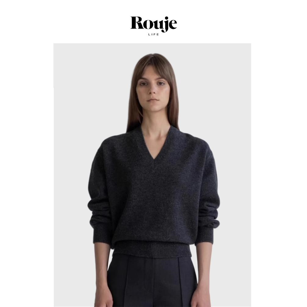 【现货】Rouje Life V领毛衣女新款慵懒风灰色羊毛混纺针织衫女装