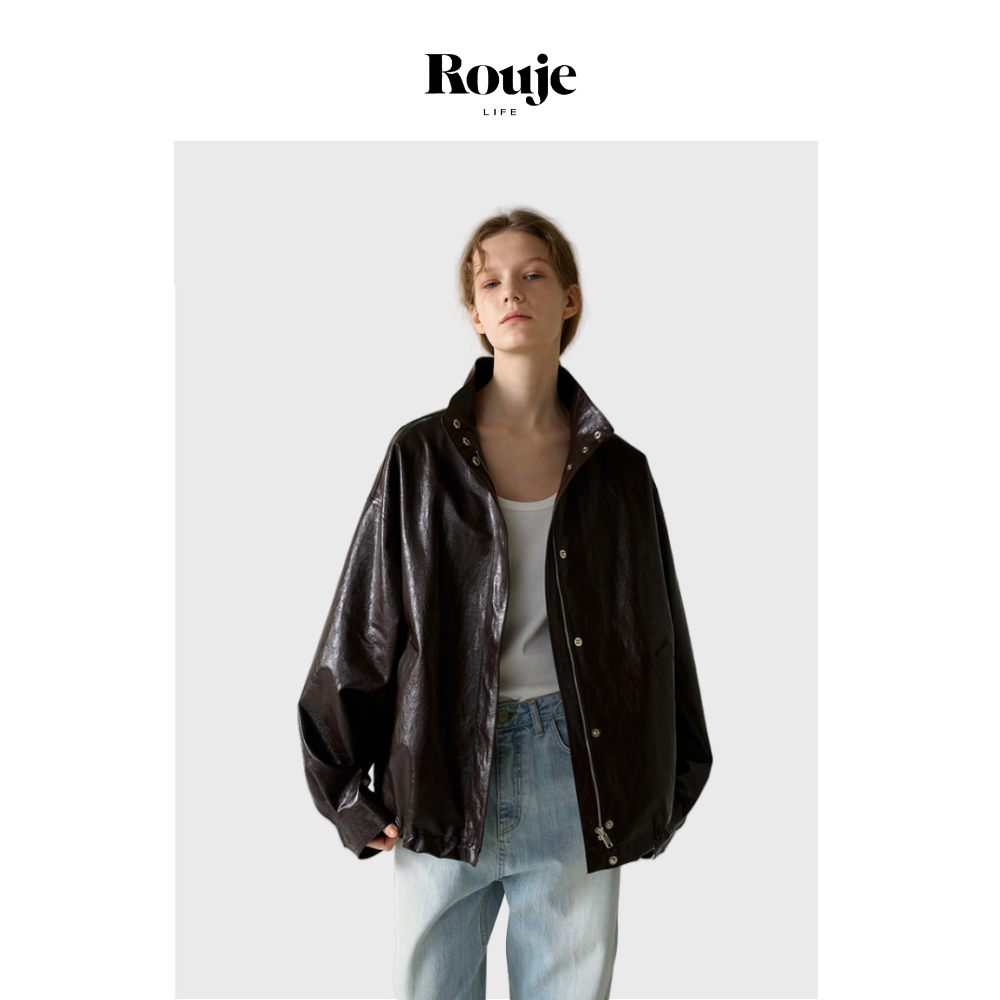 【现货】Rouje Life皮衣外套女宽松立领机车风廓形通勤夹克上衣