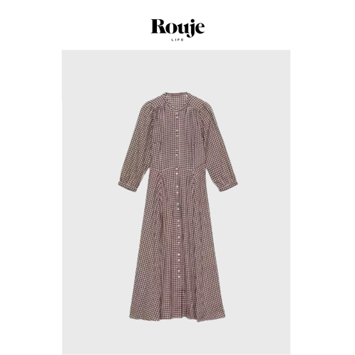 【现货】Rouje Life 复古格纹裙 24早秋田园风单排扣连衣裙女