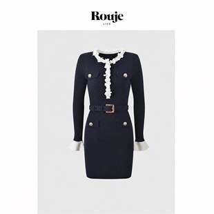 【现货】Rouje Life秋季法式千金风钉珠花朵喇叭袖收腰针织连衣裙