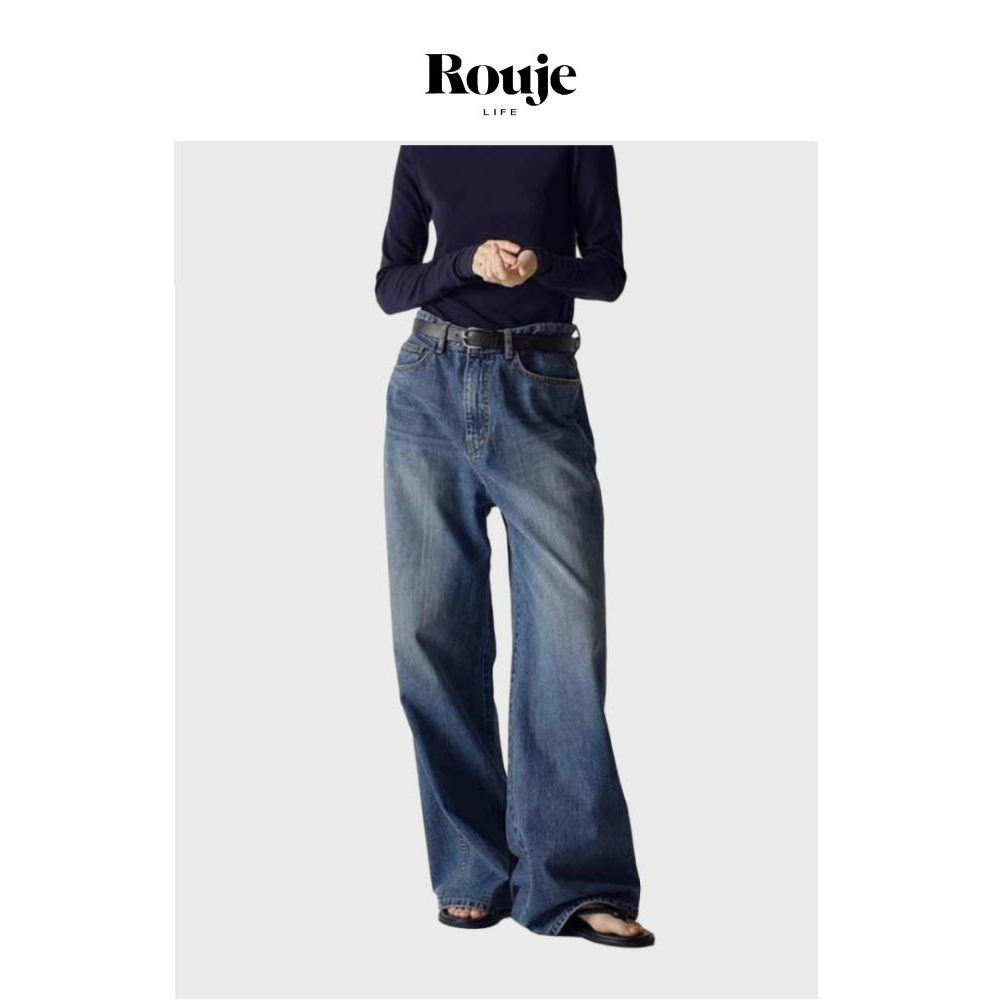 【现货】Rouje Life牛仔裤新款女黑色高腰显瘦显高阔腿裤长裤子