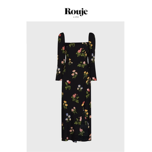 【现货】Rouje Life夏新款中长款开叉方领修身长袖连衣裙子复古女