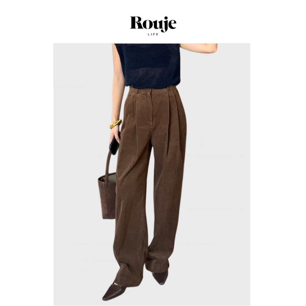 【现货】Rouje Life 2025年新款复古深棕焦糖宽松直筒灯芯绒女裤