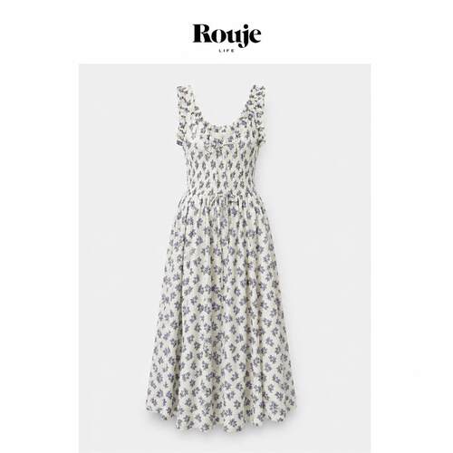 【现货】Rouje Life大裙摆经典4米碎花度假田园风褶皱抽绳连衣裙