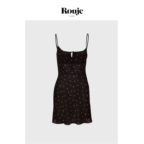 【现货】Rouje Life连衣裙法式博主同款黑色小草莓印花抽绳短吊带